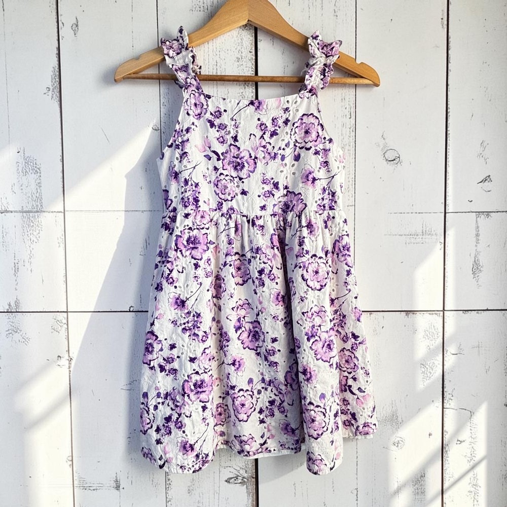 Girls's‎ Eyelet Lace Floral Dress btween Size 10 Purple White 100% Cotton Ruffle